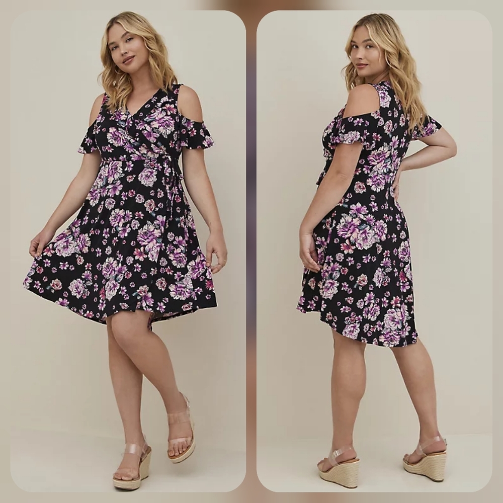 Torrid Size 2- COLD SHOULDER WRAP SKATER DRESS - STUDIO KNIT FLORAL BLACK (NWT)